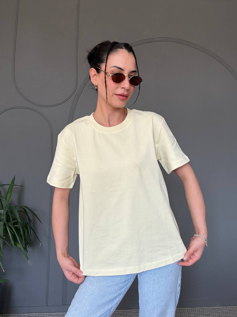 30312 %100 Pamuk Bisiklet Yaka T-Shirt-Açık Sarı