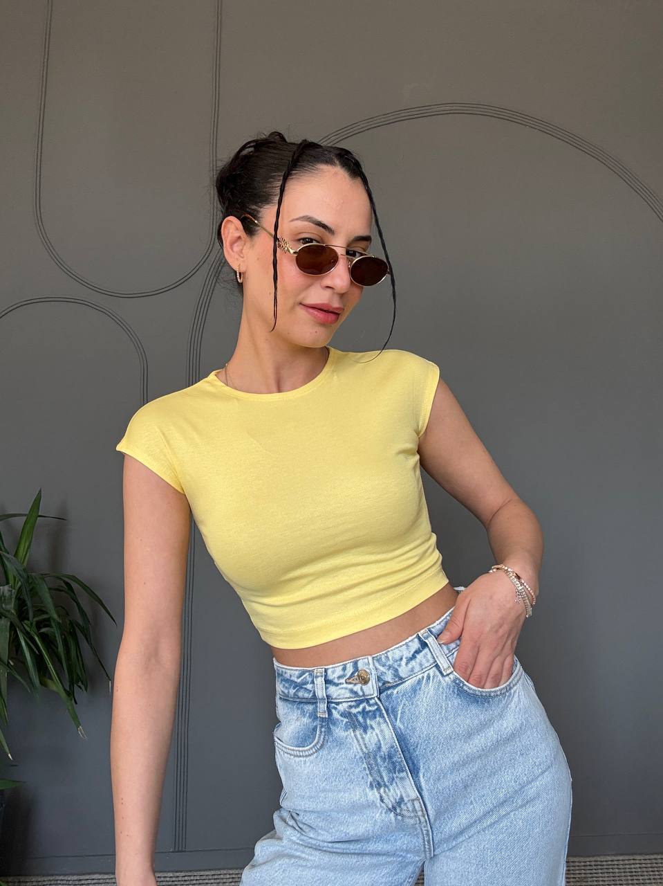 30528 Pamuk ve Modal Karışımlı Crop Top-Sarı