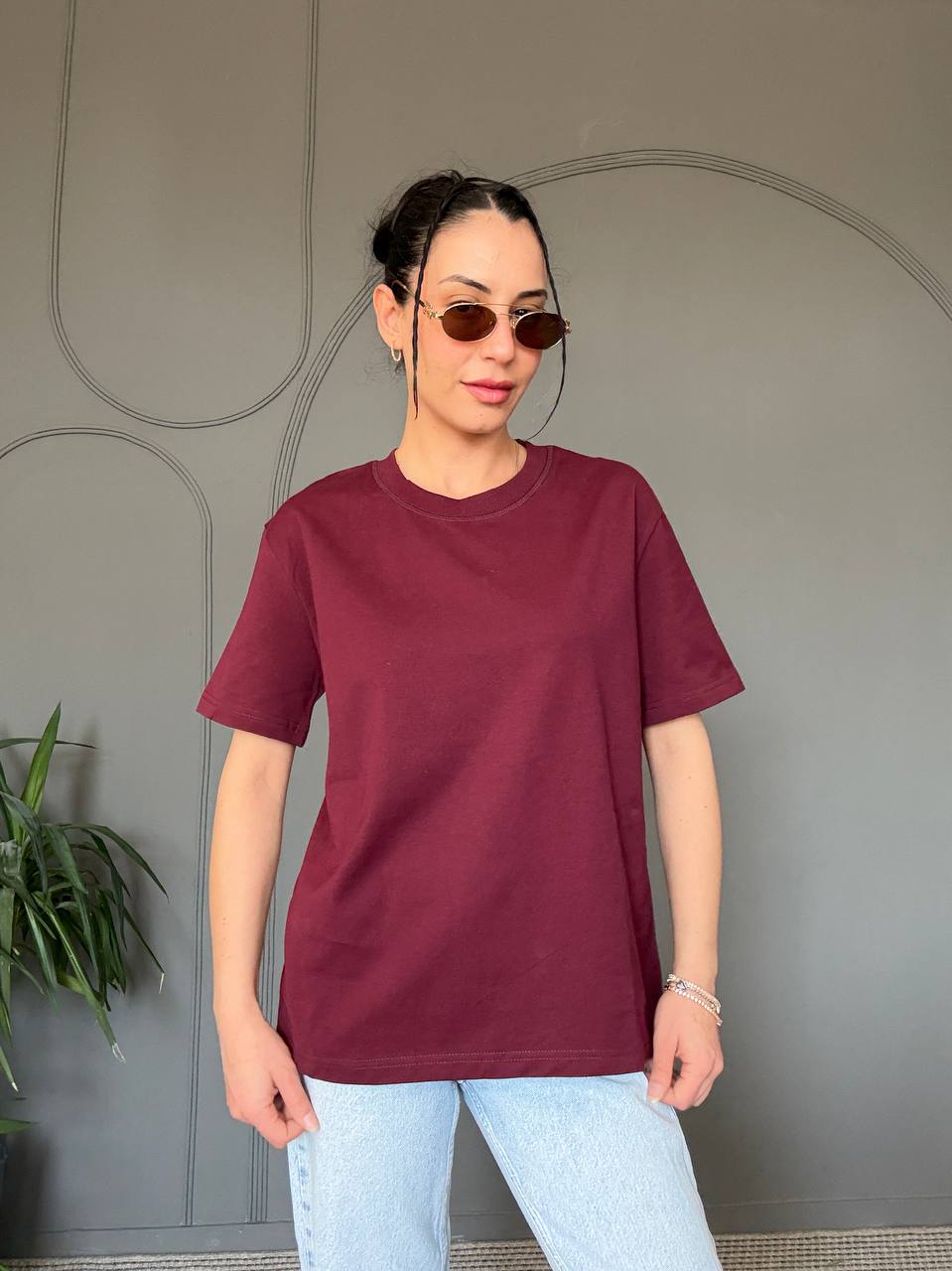 30312 %100 Pamuk Dekoratif Dikişli Bisiklet Yaka T-shirt-Bordo