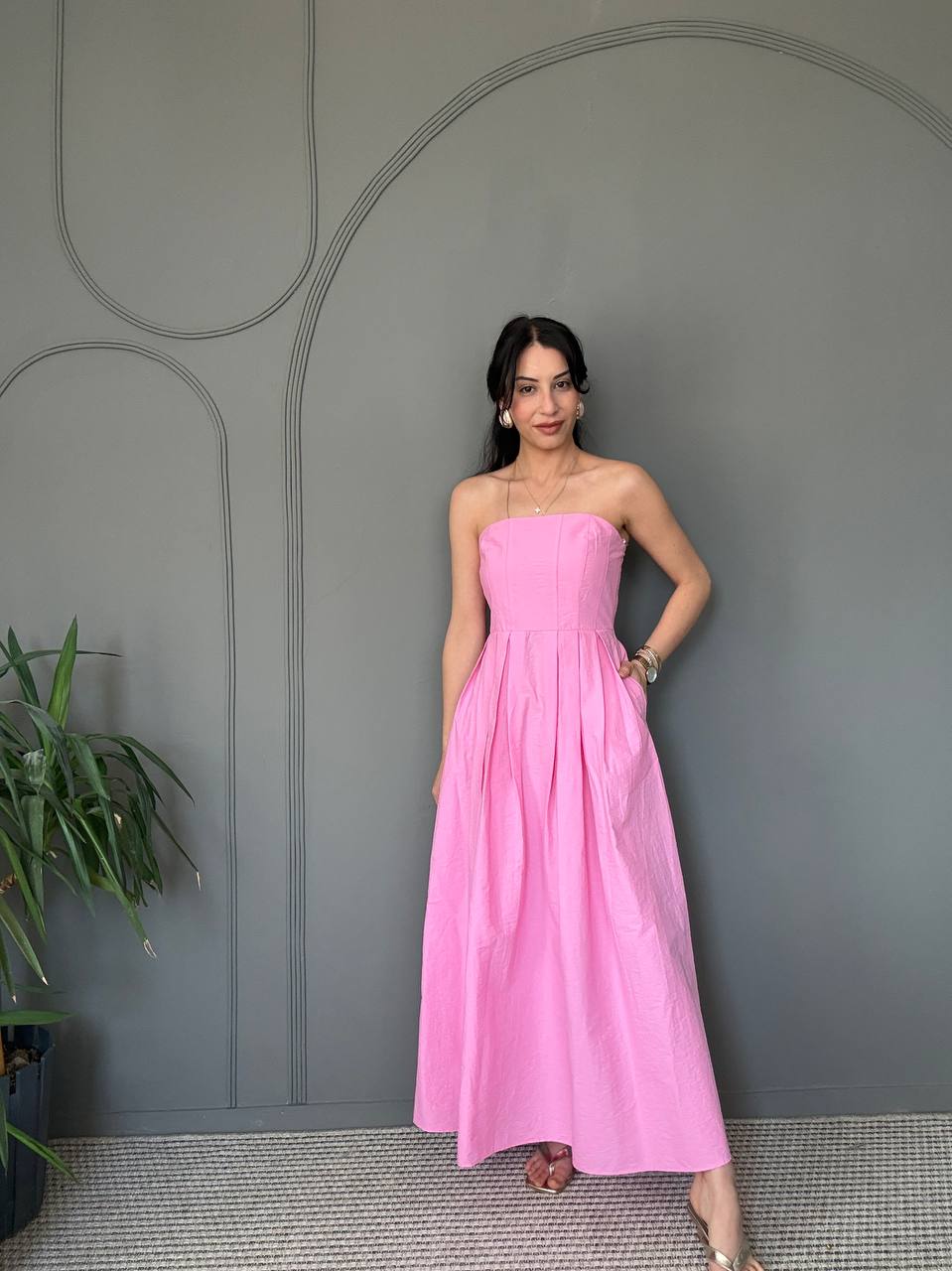 Woly Pileli Elbise Pembe