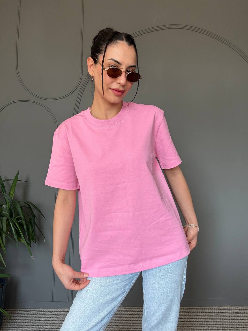 30312 %100 Pamuk Bisiklet Yaka T-Shirt-Pembe